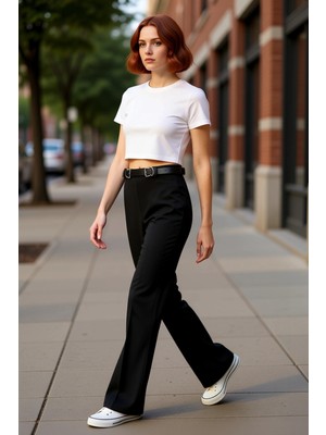 PayBuy Kadın Kemerli Ispanyol Paça Pantolon Fonksiyonel Dayanıklı Kaliteli Konforlu Estetik Rahat