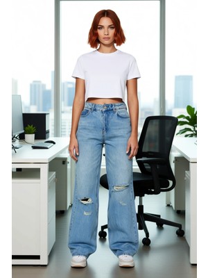 FRM Kadın Düşük Bel Yırtık Detaylı Wide Leg Kot Pantolon Fonksiyonel Dayanıklı Kaliteli Modern