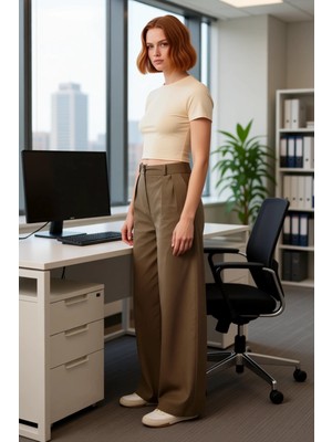 FRM Kadın Gabardin Yüksek Bel Dökümlü Pantolon Fonksiyonel Dayanıklı Kaliteli Konforlu Estetik