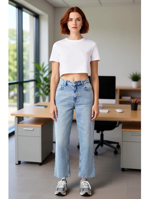 FRM Açık Yüksek Bel Düz Paça Denim Pantolon Kadın Fonksiyonel Dayanıklı Kaliteli Konforlu Spor