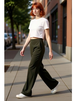 PayBuy Kadın Haki Geniş Paça Dokuma Pantolon Fonksiyonel Dayanıklı Kaliteli Konforlu Estetik Spor