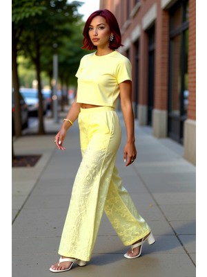 PayBuy Kadın Brode Desenli Geniş Paça Pantolon Fonksiyonel Dayanıklı Kaliteli Konforlu Estetik Şık