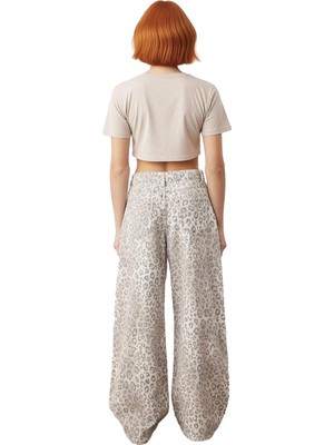 Ersefa Kadın Wide Leg Ekose Desenli Denim Pantolon Normal Bel Fonksiyonel Dayanıklı Kaliteli Spor