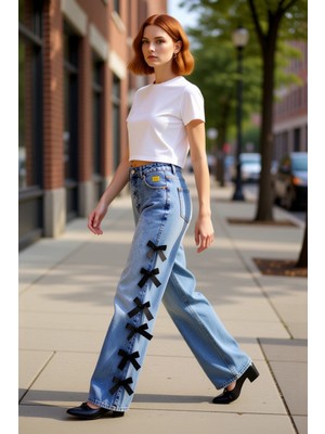 PayBuy Kadın Fiyonk Detaylı Wide Leg Jean Pantolon Fonksiyonel Dayanıklı Kaliteli Konforlu Modern