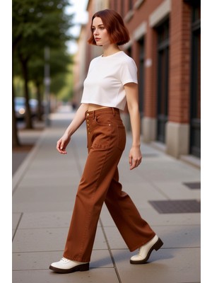 PayBuy Kadın Geniş Paça Düğmeli Yüksek Bel Jean Pantolon Fonksiyonel Dayanıklı Kaliteli Konforlu Şık