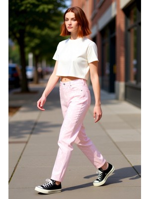 PayBuy Kadın Şal Desenli Yüksek Bel Mom Jean Fonksiyonel Dayanıklı Kaliteli Konforlu Estetik Spor