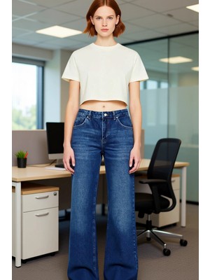 FRM Kadın Geniş Paça Yüksek Bel Denim Pantolon Fonksiyonel Dayanıklı Kaliteli Konforlu Estetik