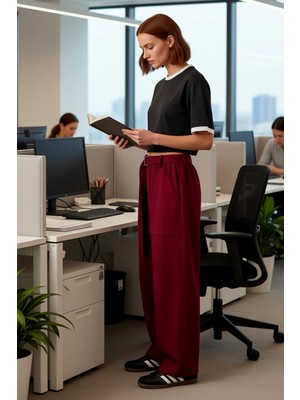 FRM Kadın Geniş Paça Kemerli Örme Pantolon Fonksiyonel Dayanıklı Kaliteli Konforlu Estetik Şık