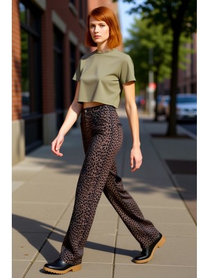 PayBuy Kadın Leopar Desenli Geniş Paça Kot Pantolon Fonksiyonel Dayanıklı Kaliteli Konforlu Rahat