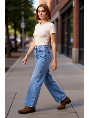 PayBuy Kadın Yüksek Bel Geniş Paça Denim Pantolon Fonksiyonel Dayanıklı Kaliteli Konforlu Estetik