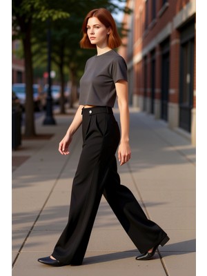 PayBuy Kadın Antrasit Pileli Geniş Paça Örme Pantolon Fonksiyonel Dayanıklı Kaliteli Konforlu Şık