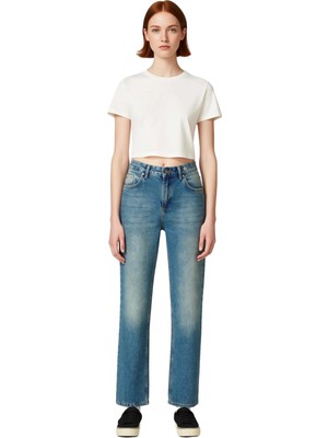 Ersefa Kadın Yüksek Bel Boru Paça Asimetrik Düğmeli Denim Pantolon Fonksiyonel Dayanıklı Kaliteli