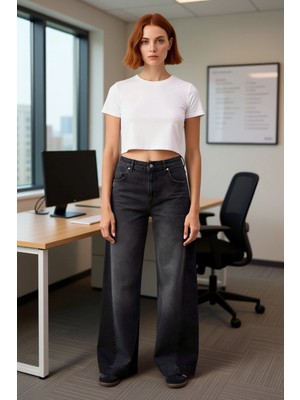 FRM Kadın Antrasit Wide Leg Yüksek Bel Denim Pantolon Fonksiyonel Dayanıklı Kaliteli Konforlu Şık