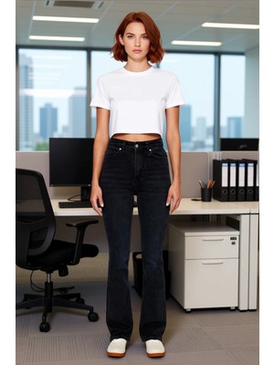 FRM Kadın Uzun Boy Yüksek Bel Flare Denim Pantolon Fonksiyonel Dayanıklı Kaliteli Konforlu Şık