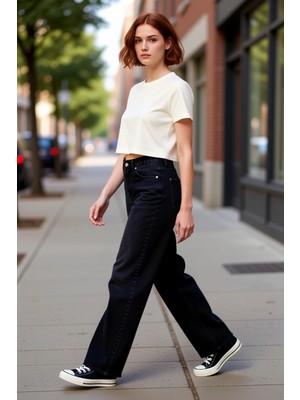 PayBuy Yüksek Bel Geniş Paça Denim Pantolon Kadın Fonksiyonel Dayanıklı Kaliteli Konforlu Estetik