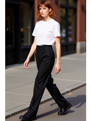 PayBuy Kadın Çizgili Yüksek Bel Straight Kesim Pantolon Fonksiyonel Dayanıklı Kaliteli Konforlu Şık