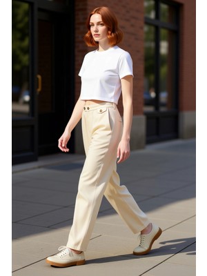 PayBuy Kadın Yüksek Bel Kemer Detaylı Geniş Paça Keten Pantolon Fonksiyonel Dayanıklı Kaliteli Şık