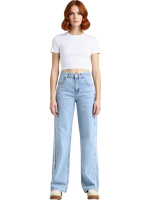 Ersefa Kadın Açık Püsküllü Yüksek Bel Straight Denim Pantolon Fonksiyonel Dayanıklı Kaliteli Spor