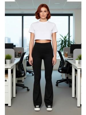 FRM Kadın Nervürlü Yüksek Bel Flare Örme Pantolon Fonksiyonel Dayanıklı Kaliteli Konforlu Spor