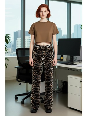 FRM Kadın Leopar Desenli Gabardin Dokuma Pantolon Fonksiyonel Dayanıklı Kaliteli Konforlu Spor