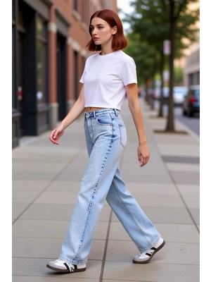 PayBuy Genç Kız Renk Bloklu Yüksek Bel Geniş Paça Kot Pantolon Fonksiyonel Dayanıklı Kaliteli Şık