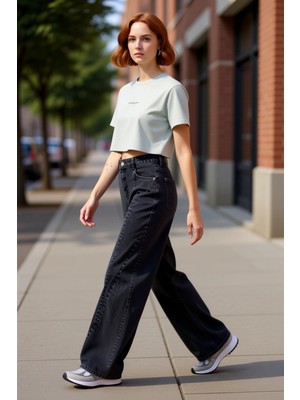 PayBuy Kadın Dikiş Detaylı Geniş Paça Denim Pantolon Fonksiyonel Dayanıklı Kaliteli Konforlu Spor