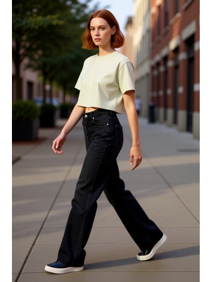 PayBuy Kadın Yüksek Bel Wide Leg Denim Pantolon Fonksiyonel Dayanıklı Kaliteli Konforlu Estetik Şık