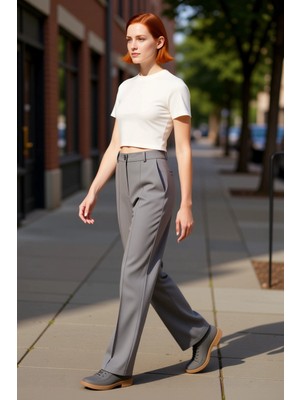 PayBuy Kadın Yüksek Bel Düz Kesim Nervür Detaylı Dokuma Pantolon Fonksiyonel Dayanıklı Kaliteli Şık