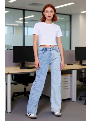 FRM Genç Kız Wide Leg Renk Bloklu Denim Pantolon Fonksiyonel Dayanıklı Kaliteli Konforlu Rahat