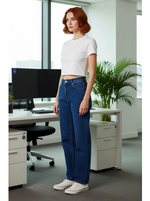 FRM Kadın Koyu Yüksek Bel Düz Bacak Jean Fonksiyonel Dayanıklı Kaliteli Konforlu Estetik Rahat