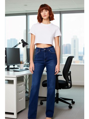 FRM Kadın Koyu Yüksek Bel Flare Kesim Denim Pantolon Fonksiyonel Dayanıklı Kaliteli Konforlu Şık