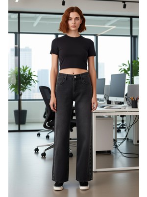 FRM Kadın Aksesuar Detaylı Wide Leg Jean Pantolon Fonksiyonel Dayanıklı Kaliteli Konforlu Spor