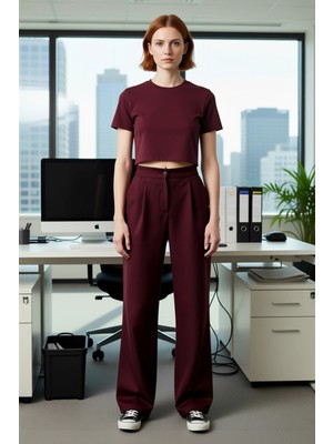 FRM Kadın Yüksek Bel Düz Kesim Poliviskon Kumaş Pantolon Fonksiyonel Dayanıklı Kaliteli Modern