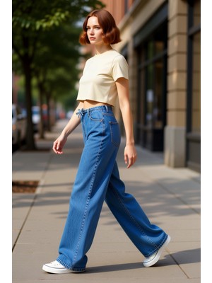 PayBuy Kadın Geniş Paça Yüksek Bel Tencel Jean Pantolon Fonksiyonel Dayanıklı Kaliteli Konforlu Şık