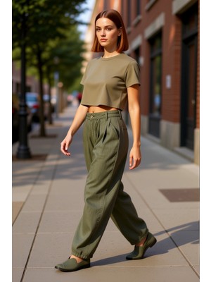 PayBuy Kadın Yüksek Bel Barrel Kesim Keten Pantolon Fonksiyonel Dayanıklı Kaliteli Konforlu Rahat