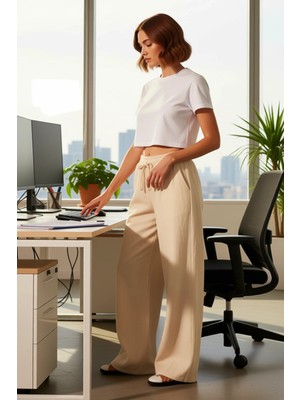 FRM Kadın Bol Kesim Yüksek Bel Keten Pantolon Fonksiyonel Dayanıklı Kaliteli Konforlu Estetik Şık