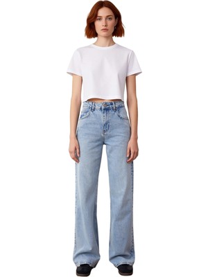 Ersefa Kadın Açık Denim Wide Leg Pantolon Yüksek Bel Fonksiyonel Dayanıklı Kaliteli Konforlu Spor
