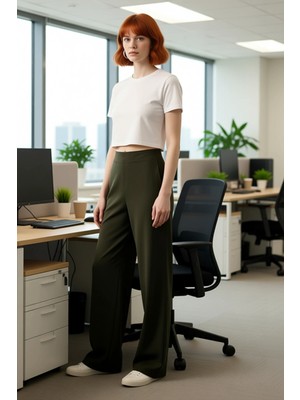 FRM Kadın Haki Düz Dokuma Geniş Paça Pantolon Fonksiyonel Dayanıklı Kaliteli Konforlu Estetik Şık