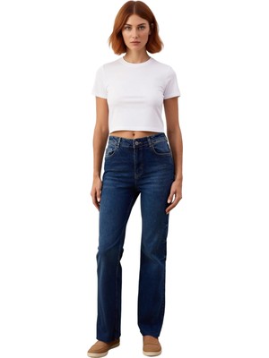 Ersefa Kadın Yüksek Bel Ispanyol Paça Denim Pantolon Fonksiyonel Dayanıklı Kaliteli Konforlu Spor