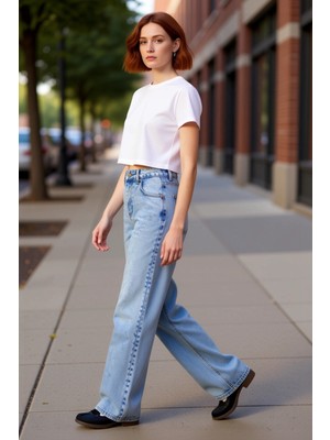 PayBuy Kadın Açık Yüksek Bel Wide Leg Jean Pantolon Fonksiyonel Dayanıklı Kaliteli Konforlu Rahat