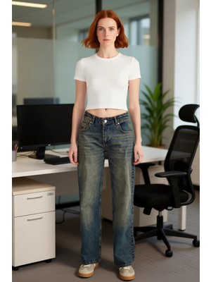 FRM Kadın Açık Vintage Efektli Yüksek Bel Mom Jean Fonksiyonel Dayanıklı Kaliteli Konforlu Şık
