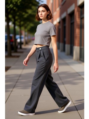 PayBuy Kadın Antrasit Pileli Geniş Paça Örme Pantolon Fonksiyonel Dayanıklı Kaliteli Konforlu Şık