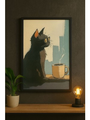 Cool Cat – Kahve ve Kedi Temalı Modern Duvar Tablosu (Çerçeveli)
