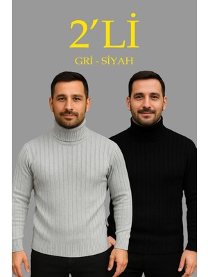 Erkek Fitilli Triko Kazak 2'li Set Gri Siyah Regular Balıkcı Yaka Tam Boğazlı Triko Seti Modeli Kazak