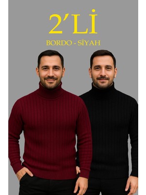 Velmora Fashion Erkek Fitilli Triko Kazak 2'li Set Bordo Siyah Regular Balıkcı Yaka Tam Boğazlı Triko Seti Modeli Kazak
