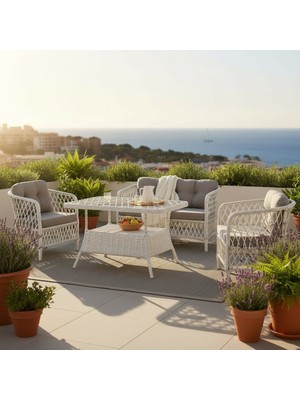 Tu Tienda TİRE ALÜMİNYUM 2 1 1 MASA RATTAN BAHÇE BALKON MOBİLYASI,BEYAZ RATTAN/GRİ KUMAŞ