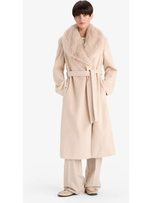 DeFacto Regular Fit Suni Kürk Yaka Kuşaklı Kaşe Uzun Kaban F2811AX25WN