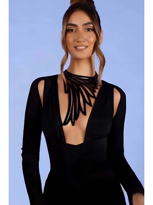 Lazer Kesim Kanat Detaylı Choker, Deri Kolye - APFT1418