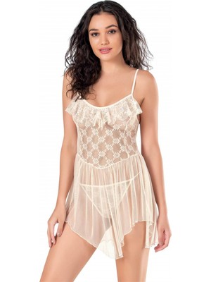 Pilelistore   Fildişi Kısa Tül Gecelik