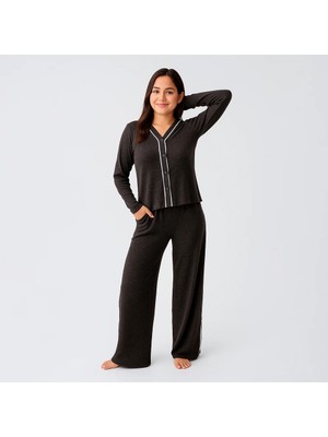 Penelope Softtouch Uzun Kollu Yumuşak Dokulu Örme Pijama Takımı - Kahve / Xl